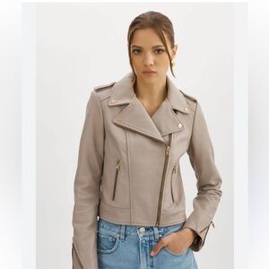 NWOT Lamarque Donna Gold Iconic Leather Biker Jacket in Stone 23 Sz S